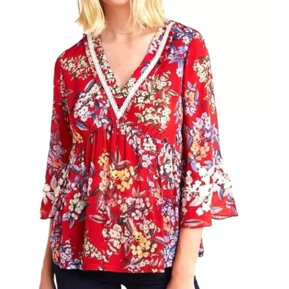 Anthropologie‎ Vineet Bahl Red Floral Blouse XL Embroider Peasant  Bell Sleeve